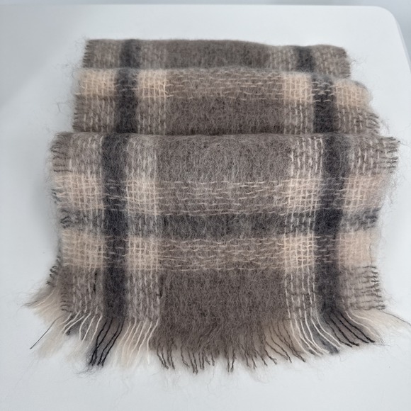 Vintage Foxford 9x57 Ireland Mohair Wool Plaid Scarf | Cream and Gray - Picture 2 of 7